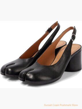 Faux Leather Split Toe Japanese Tabi Shoes Slingback Block Heels New